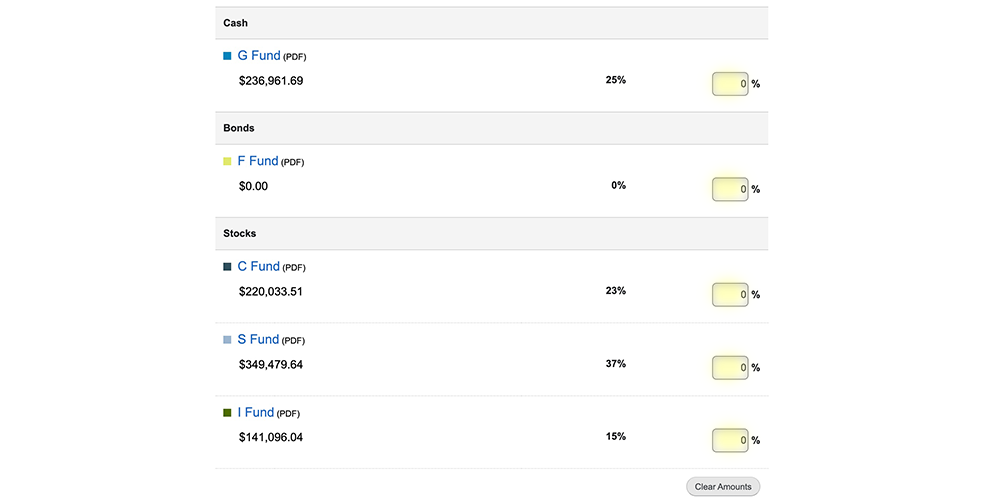 Entry screen on tsp.gov to enter allocation percentages for each TSP Fund