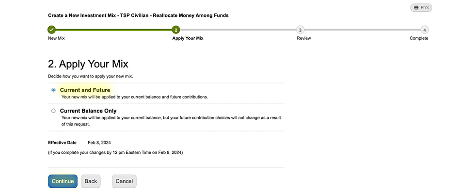 Review screen on TSP.gov showing option to apply mix to current balance and future contributions