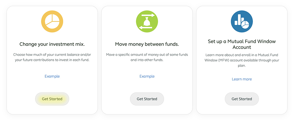 Menu on TSP.gov showing option to change your investment mix