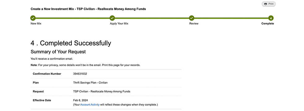 Confirmation screen on tsp.gov showing interfund transfer request was completed successfully