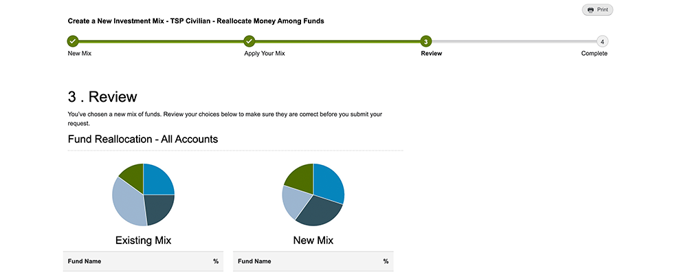 Review screen on tsp.gov comparing new mix to existing mix